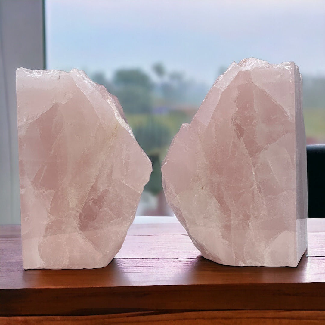 Pink Crystal Bookends, Rose Quartz w/ Natural Characteristics, Book Lover Gift, Mindful Love Gift, Weighs Over 5+ lbs. (AN)