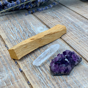 Cleansing Crystal Bundle: Amethyst, Clear Quartz, Palo Santo Stick - Interiors in Balance