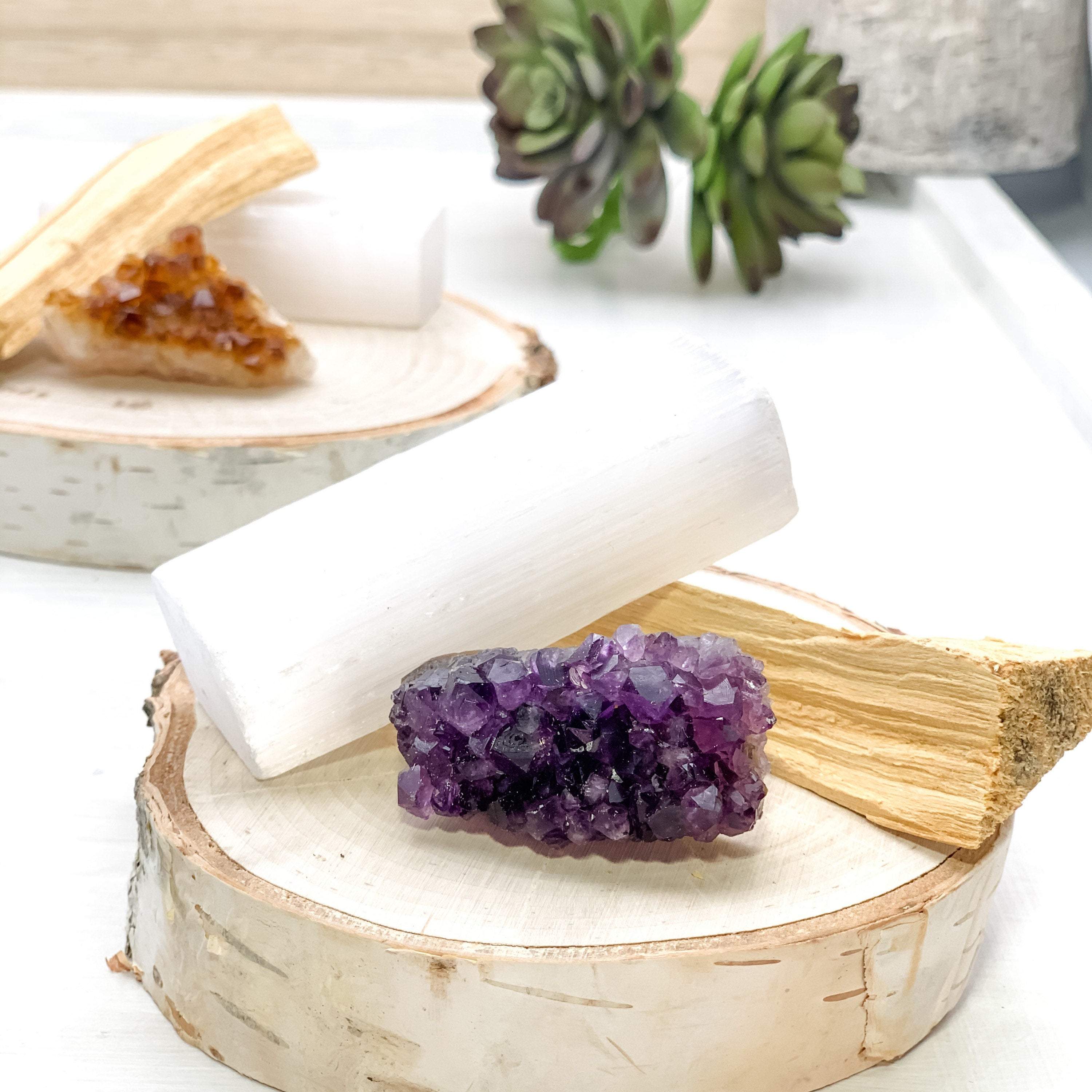 Bundle: Amethyst or Citrine Cluster with a Selenite Crystal Wand, and Palo Santo Stick - Interiors in Balance
