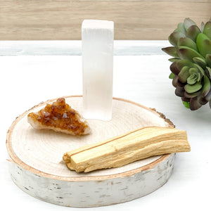Bundle: Amethyst or Citrine Cluster with a Selenite Crystal Wand, and Palo Santo Stick - Interiors in Balance