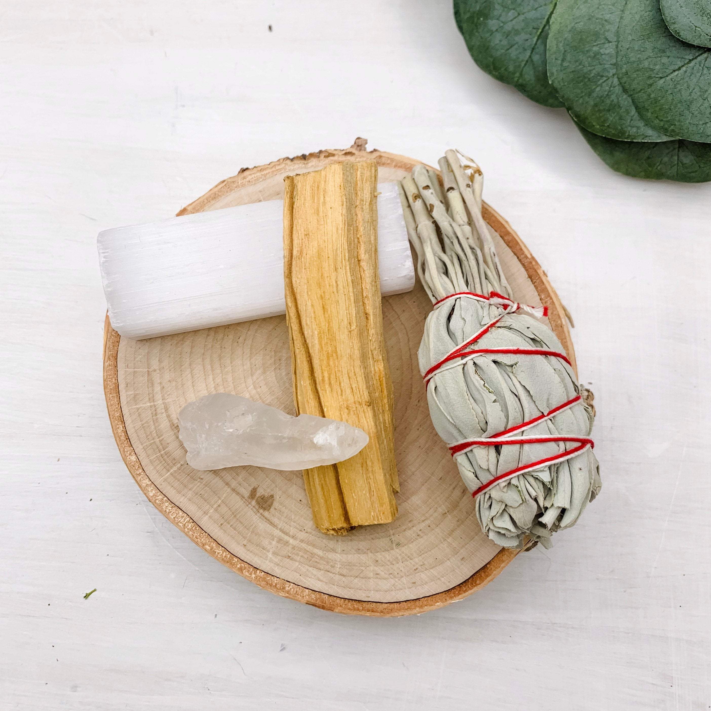 Cleansing Bundle: Selenite Wand, White Sage, Paleo Wood Stick & Clear Quartz Crystal. - Interiors in Balance