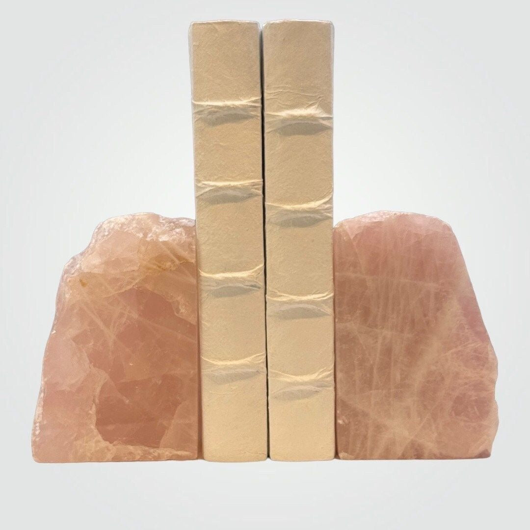Pink Rose Quartz Crystal Bookends, Natural Characteristics for Unique Bookshelf Décor  w/ Meaning Card, Perfect Book Lover Gift (6+ lbs.) AI