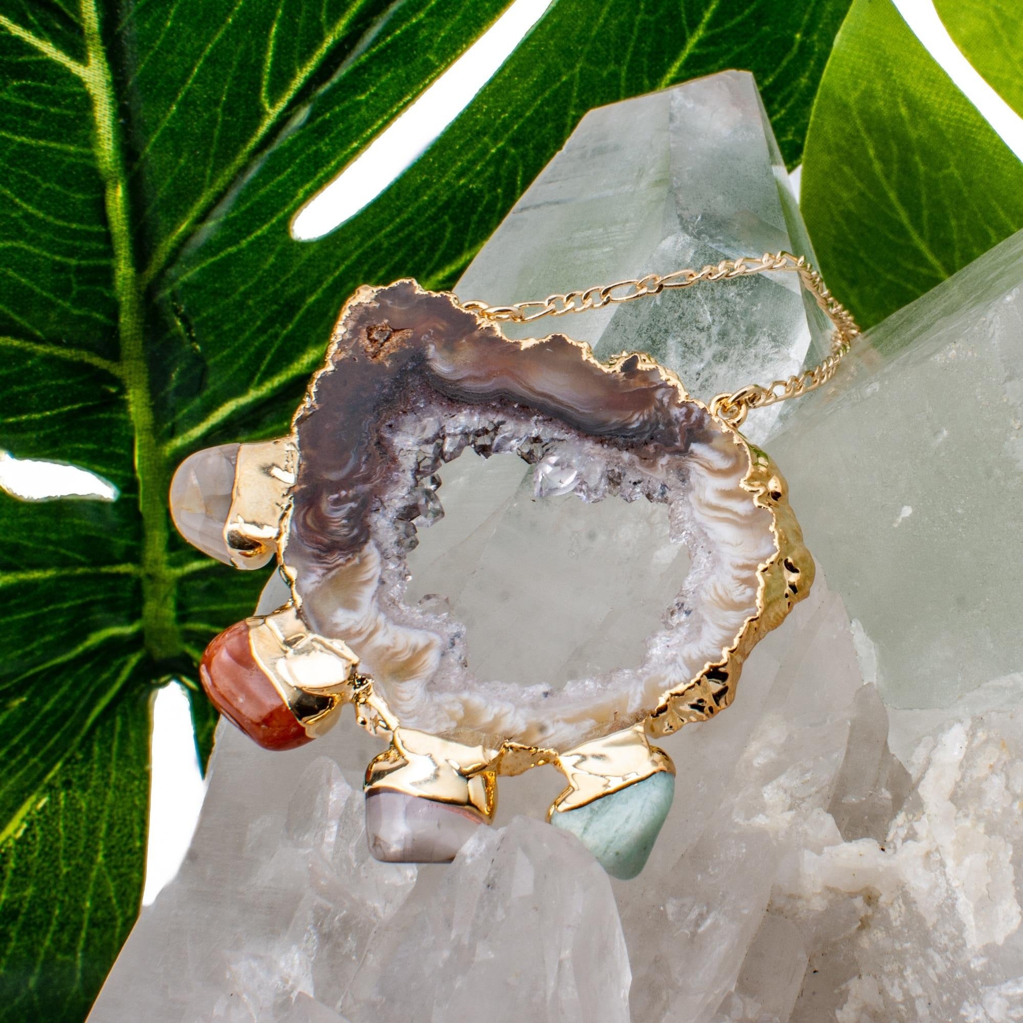 Agate Slice Freeform Chakra Crystal Necklace INTERIORS IN BALANCE agate-slice-freeform-chakra-crystal-necklace-interiors-in-balance