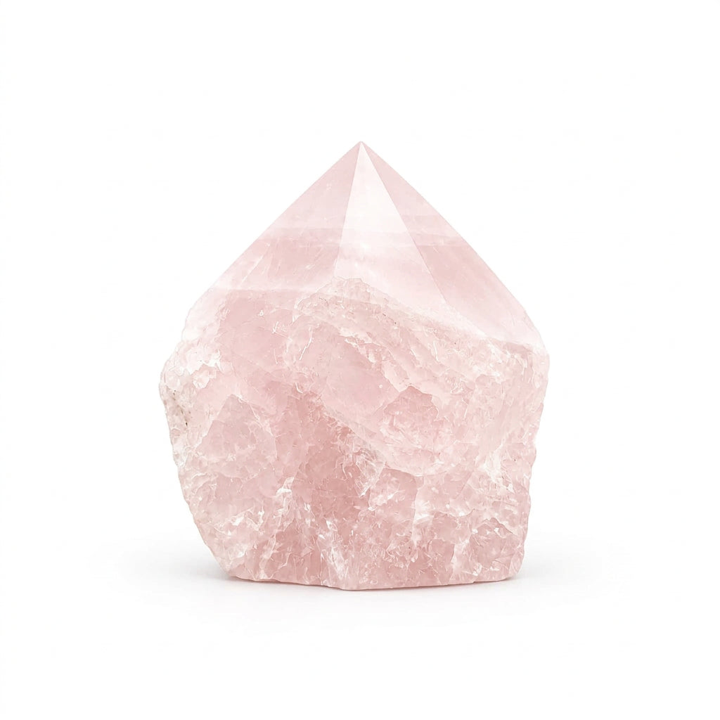 A raw rose quartz crystal point with a natural faceted shape, showing pink and white crystalline textures, photographed on a seamless white background.
