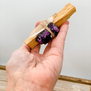 Cleansing Crystal Bundle: Amethyst, Clear Quartz, Palo Santo Stick - Interiors in Balance