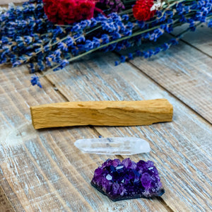 Cleansing Crystal Bundle: Amethyst, Clear Quartz, Palo Santo Stick - Interiors in Balance