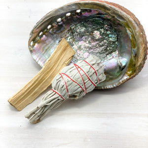 Smudging Kit: Abalone Shell, White Sage, Palo Stick - Interiors in Balance