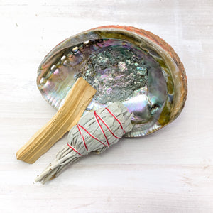 Smudging Kit: Abalone Shell, White Sage, Palo Stick - Interiors in Balance