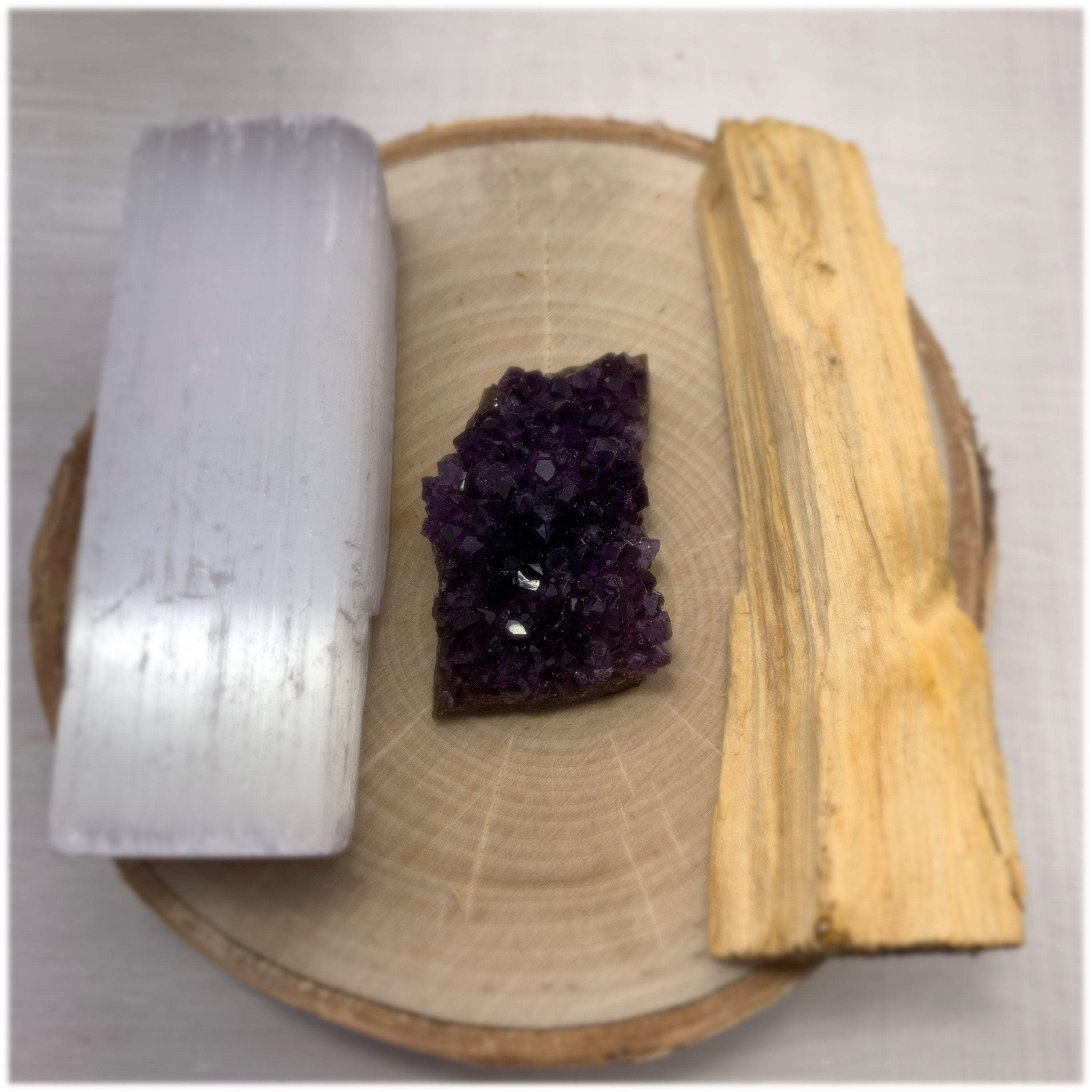 Bundle: Amethyst or Citrine Cluster with a Selenite Crystal Wand, and Palo Santo Stick - Interiors in Balance