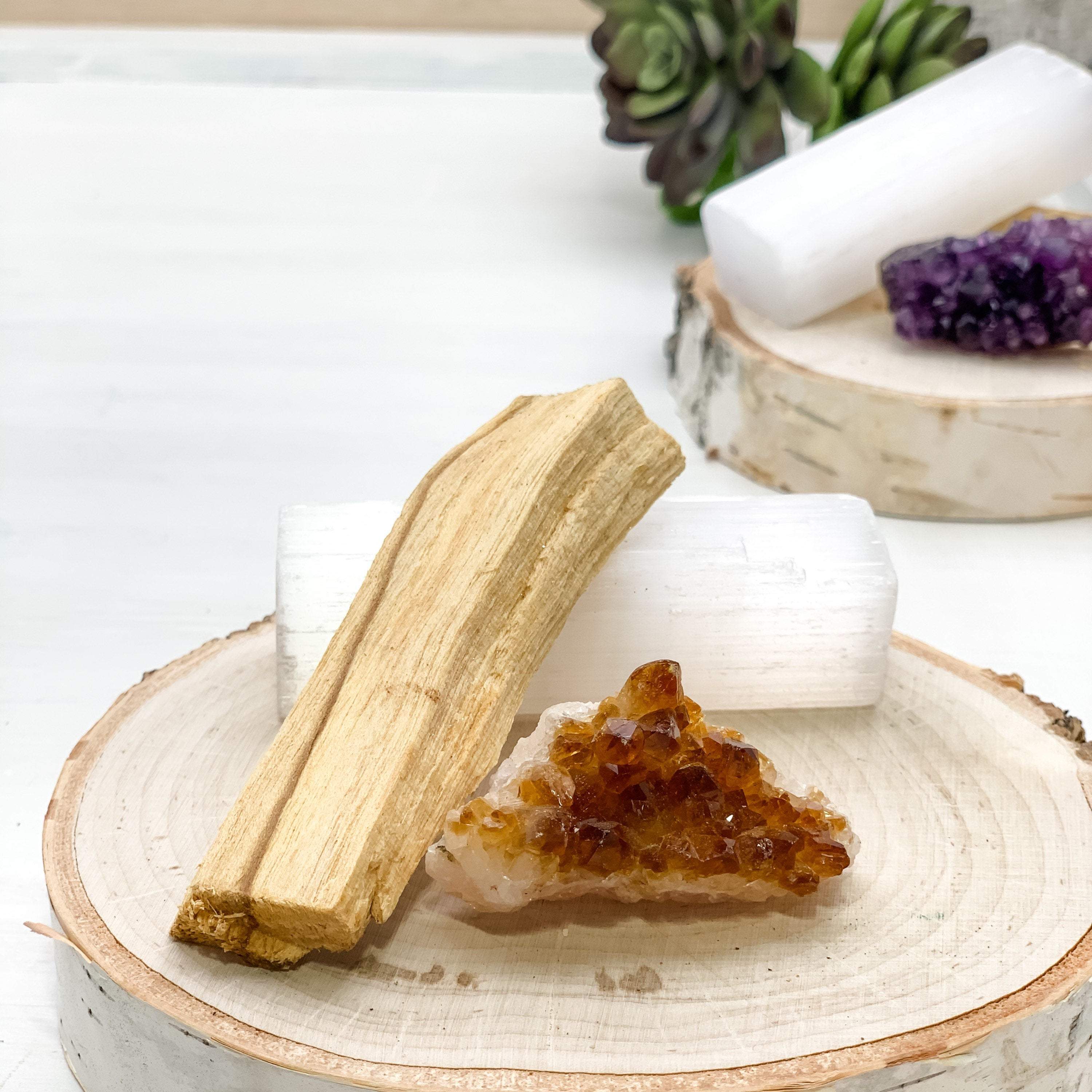 Bundle: Amethyst or Citrine Cluster with a Selenite Crystal Wand, and Palo Santo Stick - Interiors in Balance