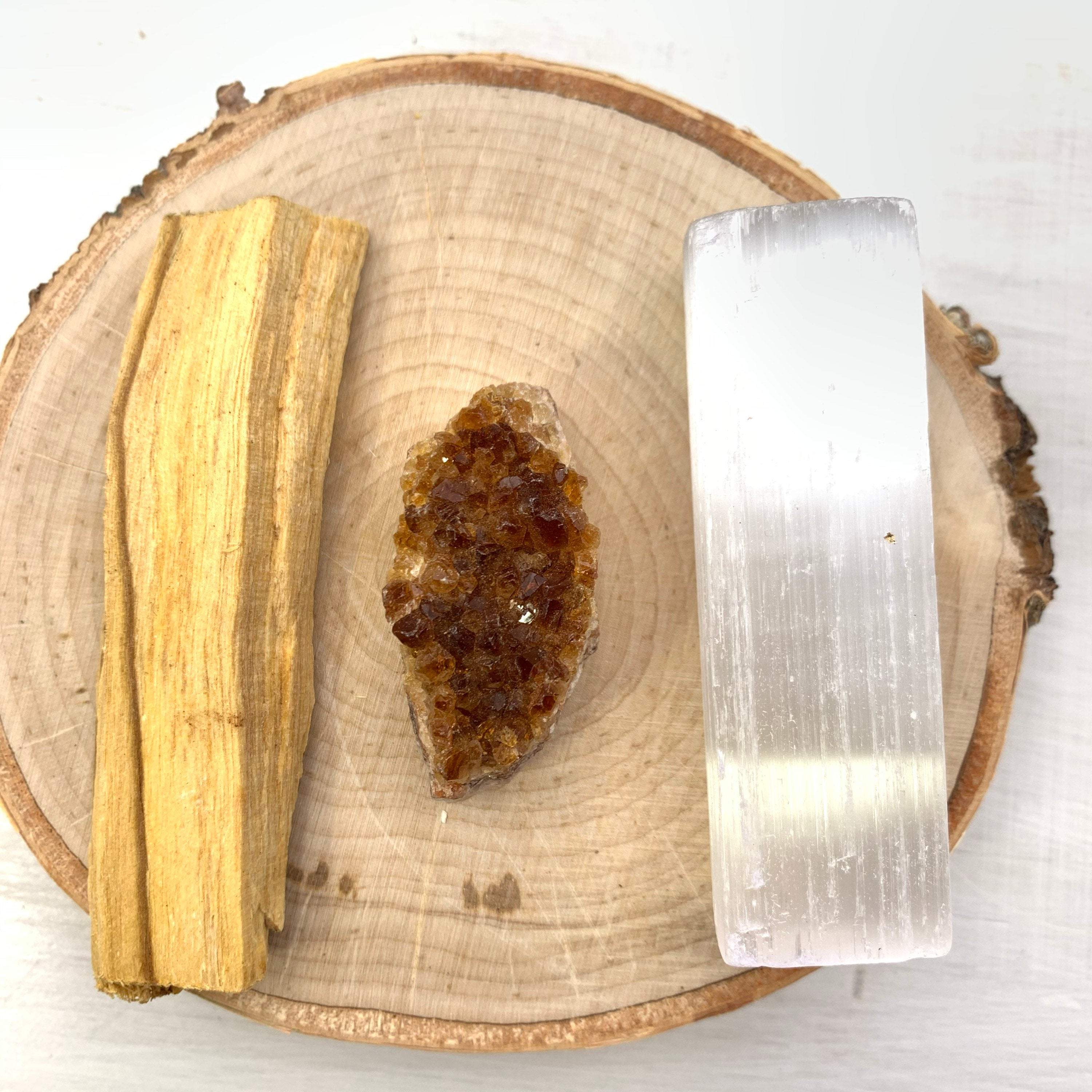 Bundle: Amethyst or Citrine Cluster with a Selenite Crystal Wand, and Palo Santo Stick - Interiors in Balance
