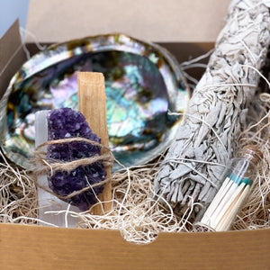 Home Cleansing Gift Set with Sage, Palo Santo, Selenite, Amethyst, Abalone Shell