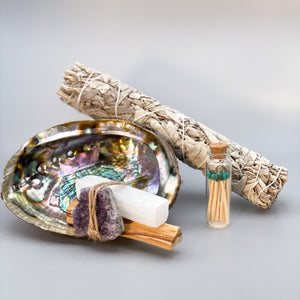 Home Cleansing Gift Set with Sage, Palo Santo, Selenite, Amethyst, Abalone Shell