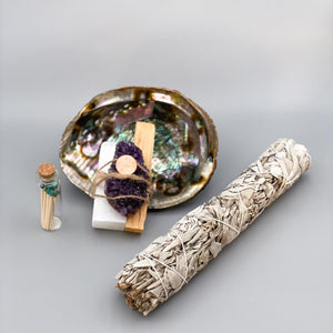 Home Cleansing Gift Set with Sage, Palo Santo, Selenite, Amethyst, Abalone Shell