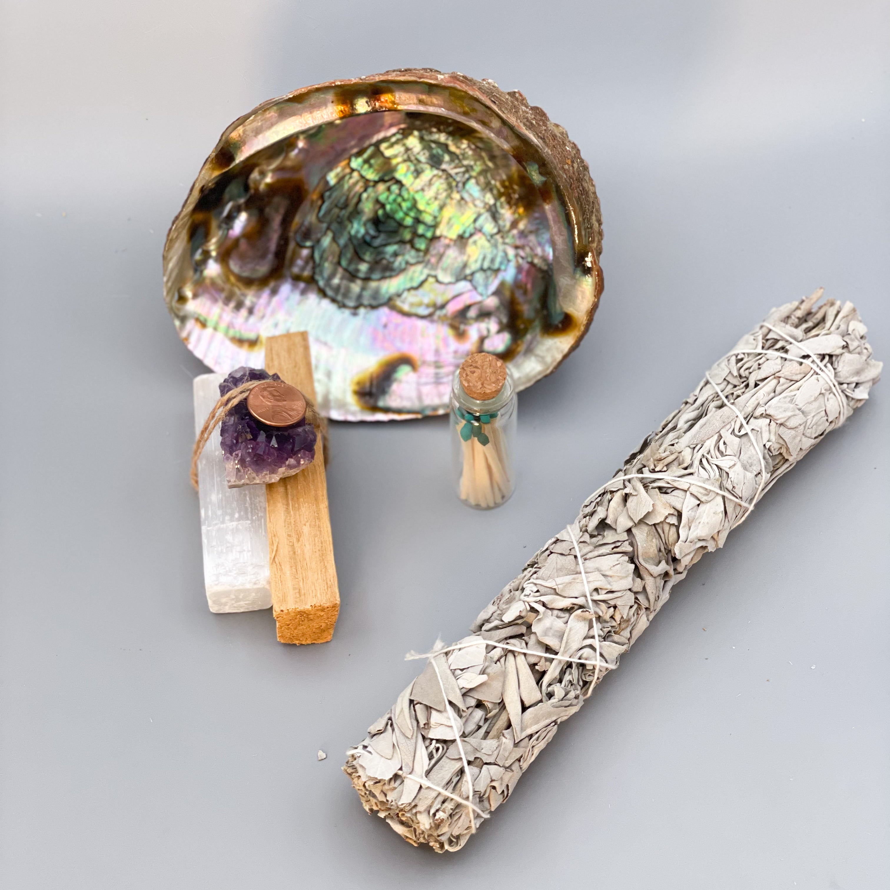 Home Cleansing Gift Set with Sage, Palo Santo, Selenite, Amethyst, Abalone Shell