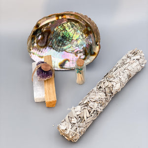 Home Cleansing Gift Set with Sage, Palo Santo, Selenite, Amethyst, Abalone Shell