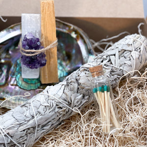 Home Cleansing Gift Set with Sage, Palo Santo, Selenite, Amethyst, Abalone Shell