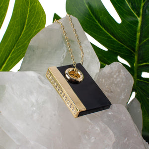 Black Onyx, Rectangle Pendant, Gold Necklace