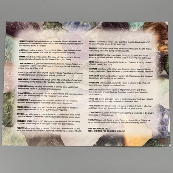 Crystal Meaning, Origin Reference Sheet